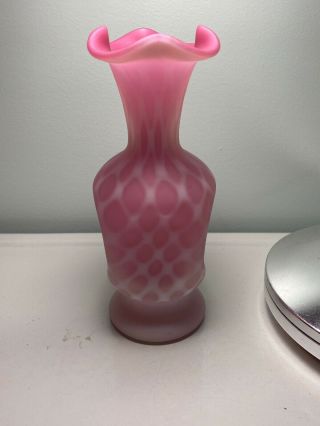 Large Fenton Pink Satin Glass Drape Ruffled Edge Vase 8” Diamond