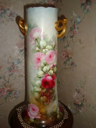 Antique Bavaria Hand Painted Vase,  Roses & Gold,  Very Large 16 3/4 "