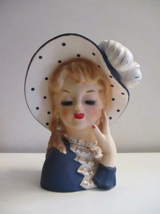 Head Vase Vintage 1950 ' s Broad Hat lady Headvase 6 5/8 
