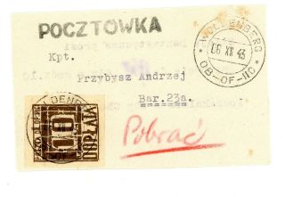 Poland 1943 Germany Pow Woldenberg Fi D2.  Post Card With Postage Due Stamps.