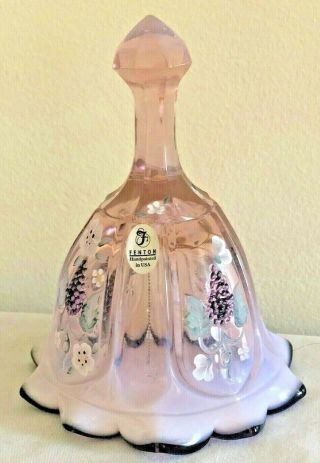 Fenton Art Glass,  Pink Opalescent Ruffled Bell Hand Painted & Sgned V.  Cline