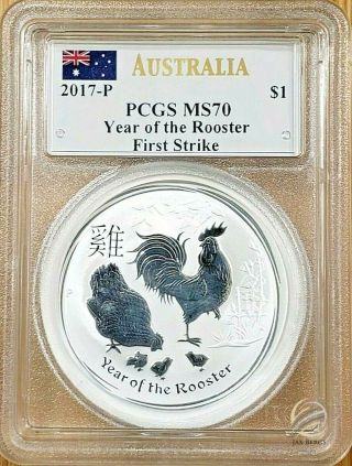 2017 P Australia 1 Oz.  Silver Lunar Rooster $1 Pcgs Ms70 First Strike - Mercanti
