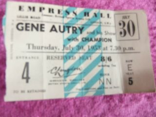 Gene Autry & His Show With Champion.  1953 Empress Hall.  London.  Ticket.