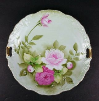 Vintage Lefton Green Heritage Rose Hand Painted Handled Cake Plate Euc