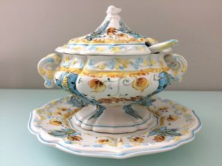 Vintage Italian Hand - Painted Small Porcelain Tureen With Plate & Ladle