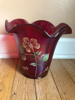 Fenton 100th Anniversary Founders Ruby Stretch Flip Vase Family Signed 3