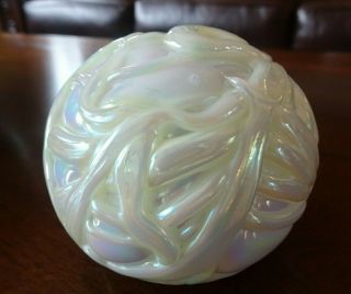 1985 Gibson Art Glass Threaded White Carnival Iridescent Paperweight