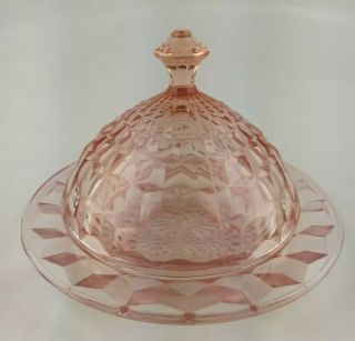 Cubist Cube Pink Depression Glass Covered Butter Or Cheese Dish Vintage Round