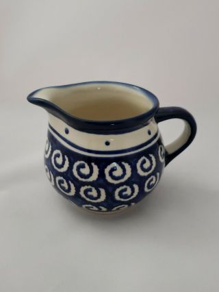 Vintage Boleslawiec Polish Pottery Cobalt Blue White Swirls & Dots Creamer