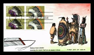 Dr Jim Stamps Us Indian Headdresses Fdc Hand Colored Fdc Cover Block Of Four
