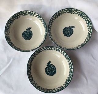 3 Folk Craft Apple By Tienshan Green Sponge Stoneware Coupe Cereal Soup Bowls