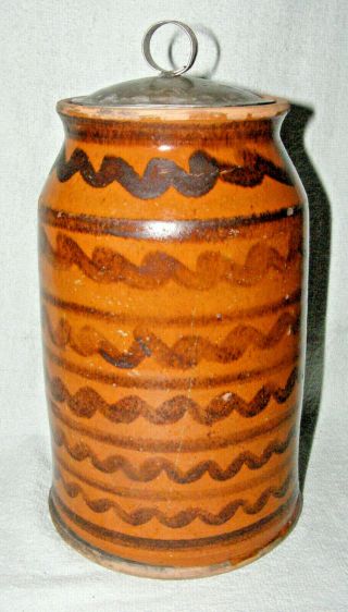 Greg Shooner Redware Pottery Manganese Decorated Jar / Crock - Tin Lid - 2001