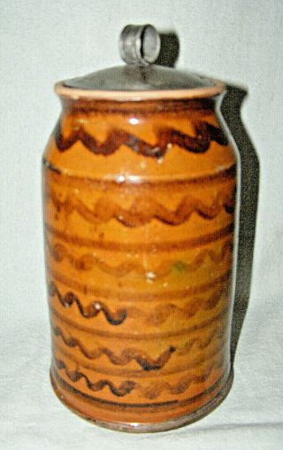 Greg Shooner Redware Pottery Manganese Decorated Jar / Crock - Tin Lid - 2001 2
