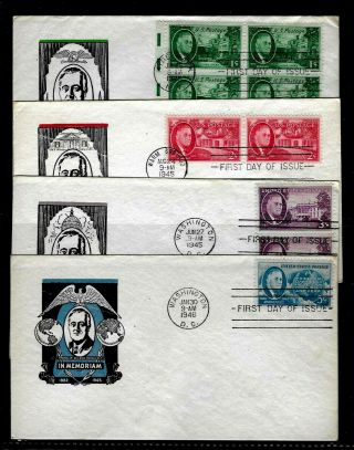 U S 930 - 3 Roosevelt Memorial Stamp Set - Ioor Cachet Artwork - 4 Fdcs - Pae