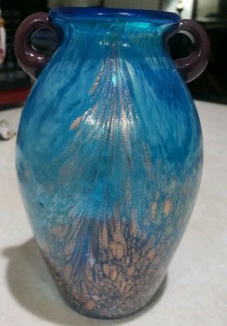 Vintage Art Glass Vase Hand Blown Cobalt Blue With Gold Murano 8in Tall