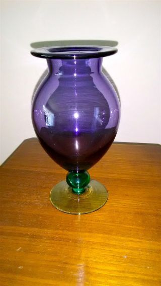 Vintage,  Hand Blown Glass Vase,  Optically Clear Purple With Green Ball Pedestal