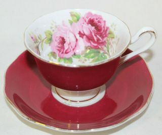 Royal Albert Crown China England Roses W/raspberry & Gold Trim Teacup & Saucer