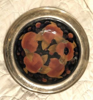 Antique Moorcroft Shallow Pomegranate Bowl With Sterling Silver Ca.  1930s 10095