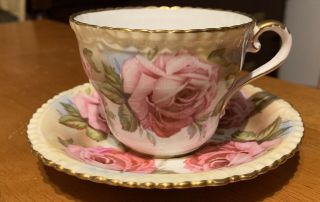 Aynsley Cabbage Roses Footed Teacup And Saucer Set C1145 Rare Bone China