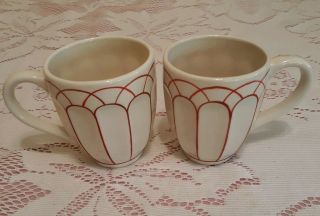 2 Rare Country Living Red Friends Mugs Arched Red & White Design Euc