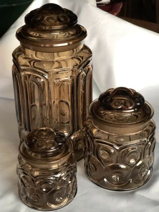 3 Three Glass Canisters L.  E.  Smith Moon And Stars Rare Smoke Color Jars