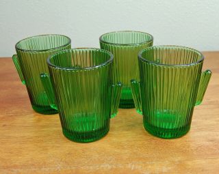 Vintage 70s Retro Libbey Green Glass Saguaro Cactus 4 " Tumbler Margarita Glasses