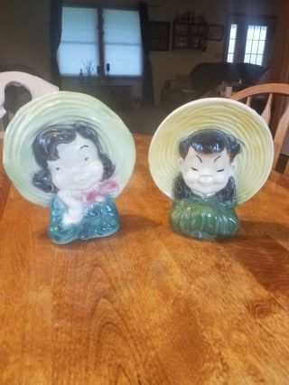 2 Vtg Royal Copley Asian Oriental Girl Head Vase Wall Pocket Planter Figurines