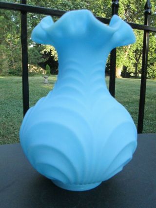 Vintage Fenton Blue Custard Glass Satin Drapery Vase Ruffled Top 8 "