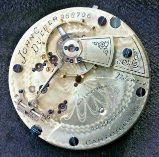 Antique Pocket Watch Movement John C Dueber Railroad Grade Hampden 45mm 17j Adj