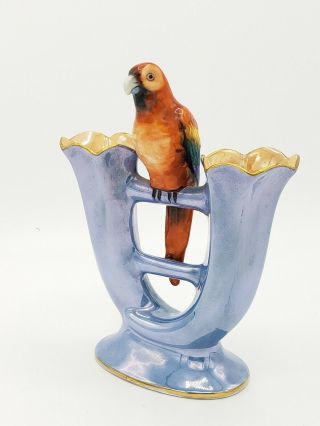 Vtg Art Deco Noritake Double Flute Vase - Large Figural Bird Parrot Blue Luster
