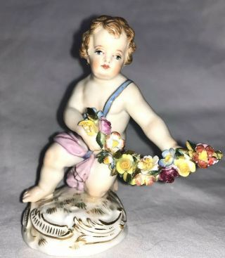 Antique Meissen Porcelain Figurine Boy With Floral Garland - Stunning