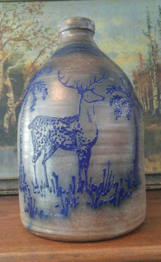 Primitive Jerry Beaumont Pottery Maine Salt Glazed Stoneware Jug Cobalt Deer