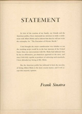 1960 Rare Frank Sinatra " Statement " Dismissing " Blacklisted " Albert Maltz Ad