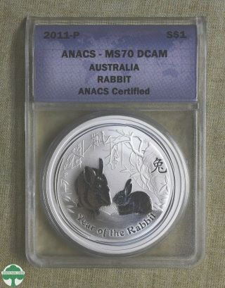 2011 - P Australia Year Of The Rabbit $1 Silver Coin - Anacs Certified - Ms70 Dcam