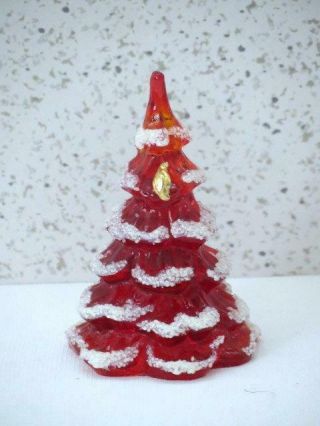 Fenton 3 1/8 " Ruby Christmas Tree With Snow And Gold Partridge Bird Logo