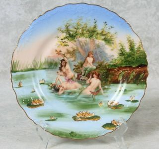 Rare Antique Porcelain Cabinet Plate Painted Mermaids Lily Pond Vienna Austria