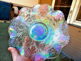 U.  S.  Glass White Cosmos & Cane 10 " Low Ruffled Bowl W/super Iridescence