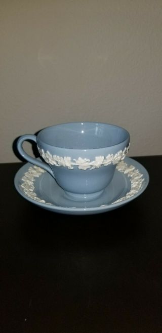 Wedgwood Blue Tea Cup And Saucer With Cream Color Shell Edge