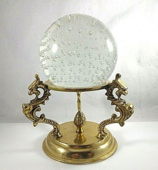 Vintage Art Glass Paperweight Controlled Bubbles W Brass Dragon Display Stand
