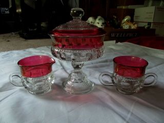 Creamer /sugar Bowl /compote Cranberry Red Indiana Kings Crown Thumbprint Glass