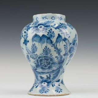 Dutch Delft Blue Vase,  Flowers & Willow In A Cartouche,  18th Century.