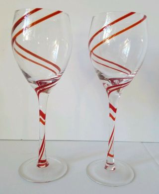 2 Pier 1 Double Swirline Red Swirl Wine Water Glasses Tall Mouth Blown Stemware