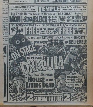 1956 Newspaper Ad For Live Horror Show - House Of The Living Dead,  Dracula