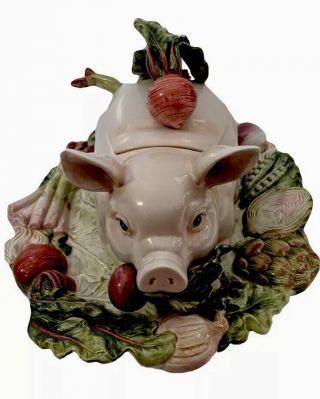 Fitz And Floyd French Market Ceramic Pig Soup Tureen With Platter And Ladle