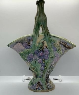 Weller Pottery 13 Inch Silvertone Grape And Vine Handled Basket Artist Marked