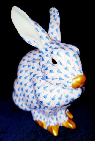 Herend Porcelain Sitting Bunny Figurine.  Blue Hand - Painted Fishnet Design.