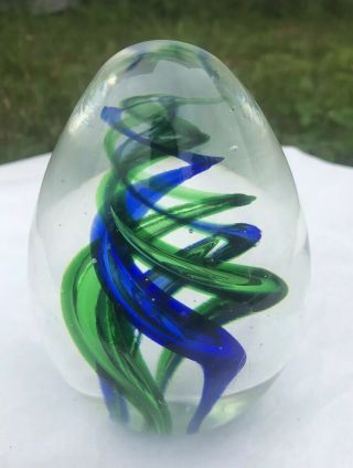 Vintage Hand Blown Art Glass Blue/green Swirl Paperweight Egg Shape 4 1/4”
