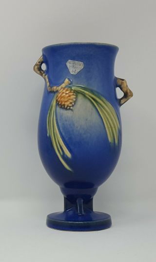 Roseville Pine Cone Blue Vase 840 - 7 With Label - - No Damage