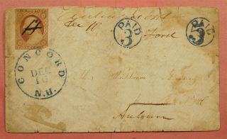 1850s Stampless,  Imperf Auburn Nh M/s To Concord Nh Forwarded Postage Due