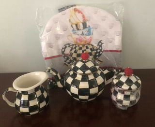 Nwt Mackenzie Childs Courtly Check Teapot,  Little Creamer,  Sugar Bowl & Cozy Fs